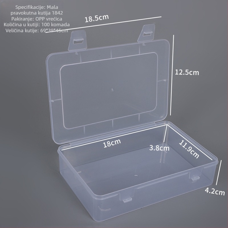 Mala pravokutna plastična kutija za pohranu s poklopcem, prozirna, dimenzije 18.5 × 12.5 × 4.2 cm – kutija za prikaz uzoraka