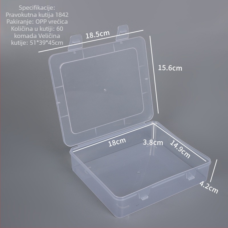 Mala pravokutna plastična kutija za pohranu s poklopcem, prozirna, dimenzije 18.5 × 12.5 × 4.2 cm – kutija za prikaz uzoraka