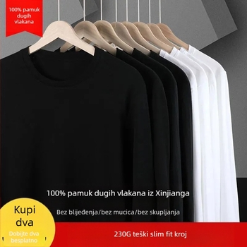 Muška pamukova majica s dugim rukavima, jednobojna, okrugli izrez, uski kroj, gusta tkanina, pogodna za jesen i zimu