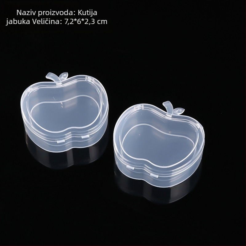 Prozirna PP plastična kutija u obliku jabuke s preklopnim poklopcem za nakit i dodatke, veličina 7.2×6×2.3 cm