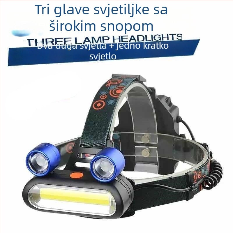 Nova čelna svjetiljka sa širokim snopom, 3 LED, frog-eye dizajn, COB tehnologija, visokoenergetska litijska baterija, kompatibilna s 3AA, punjiva