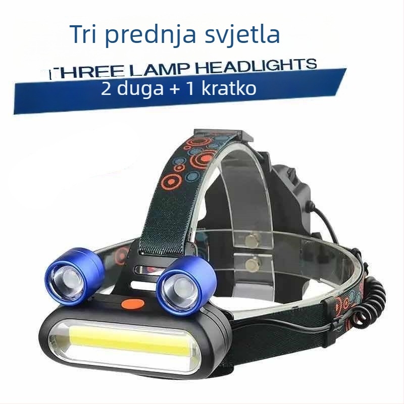 Nova čelna svjetiljka sa širokim snopom, 3 LED, frog-eye dizajn, COB tehnologija, visokoenergetska litijska baterija, kompatibilna s 3AA, punjiva