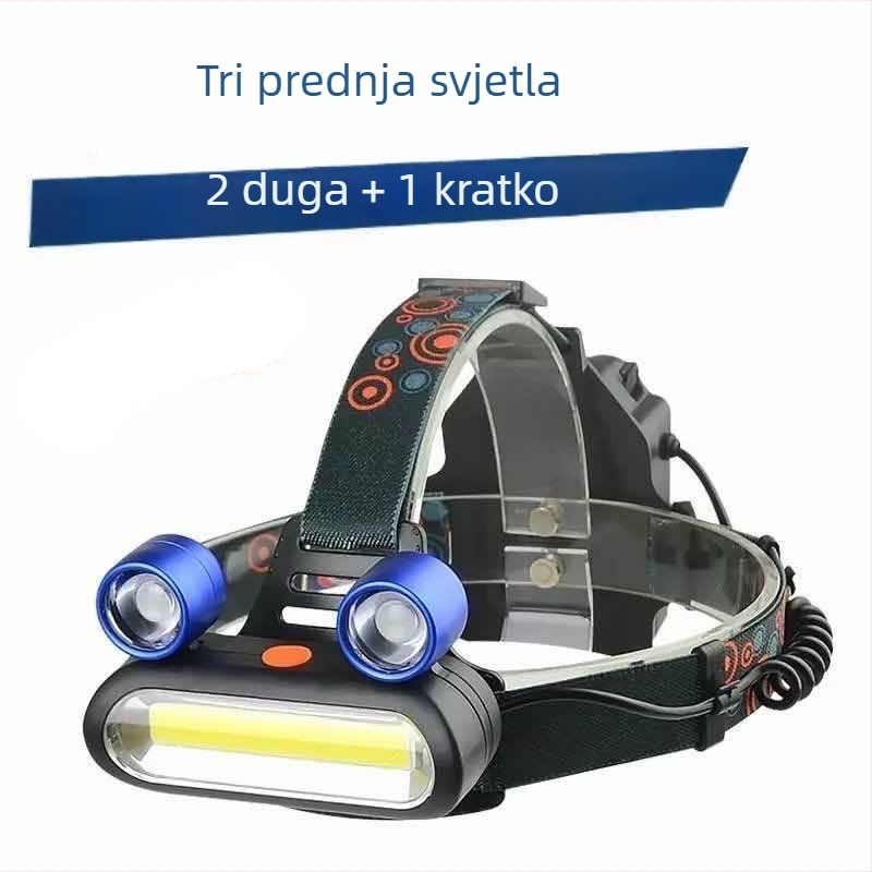Nova čelna svjetiljka sa širokim snopom, 3 LED, frog-eye dizajn, COB tehnologija, visokoenergetska litijska baterija, kompatibilna s 3AA, punjiva