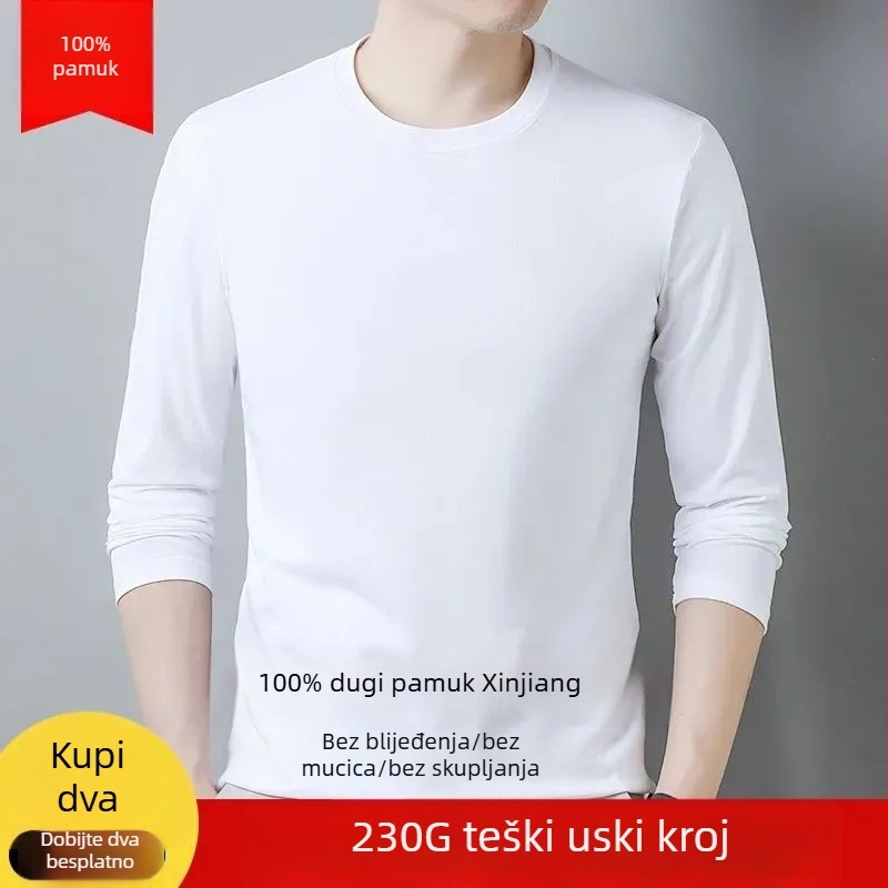 Muška dugačka majica s dugim rukavima od gustog pamuka, jednostavne boje, osnovni komad za jesen-zimu, udobna.