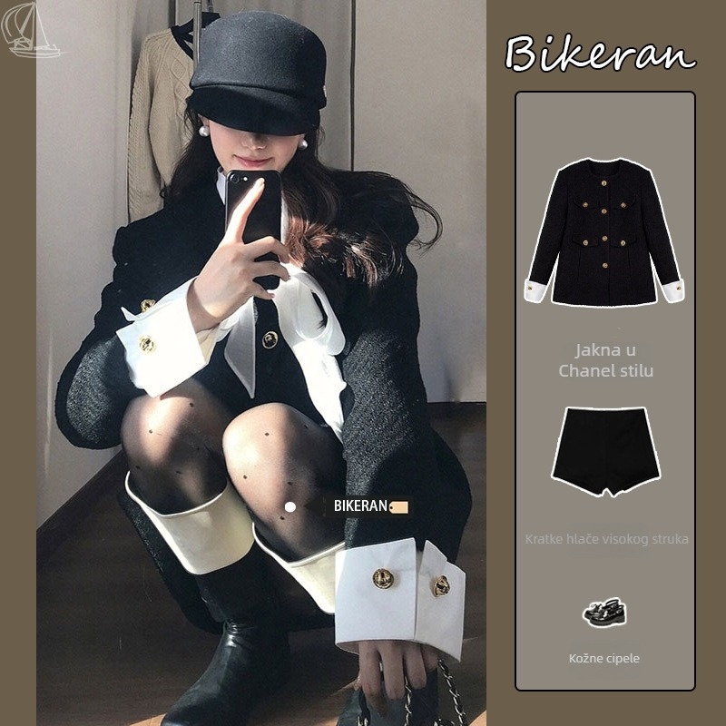 Ženski kaput u Chanel stilu, tweed, elegantan izgled za jesen/zimu.