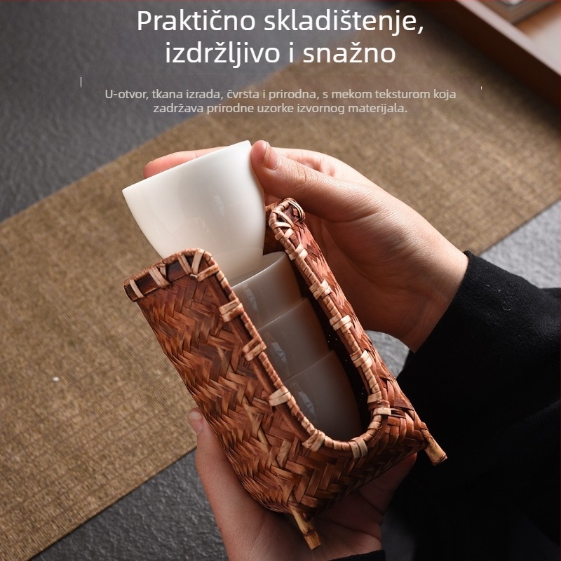 Bambusov pleteni koš za čajne šalice, držač i odvodna podloga za Kung Fu čajnu ceremoniju