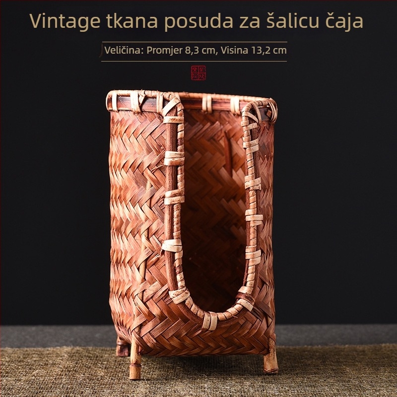 Bambusov pleteni koš za čajne šalice, držač i odvodna podloga za Kung Fu čajnu ceremoniju