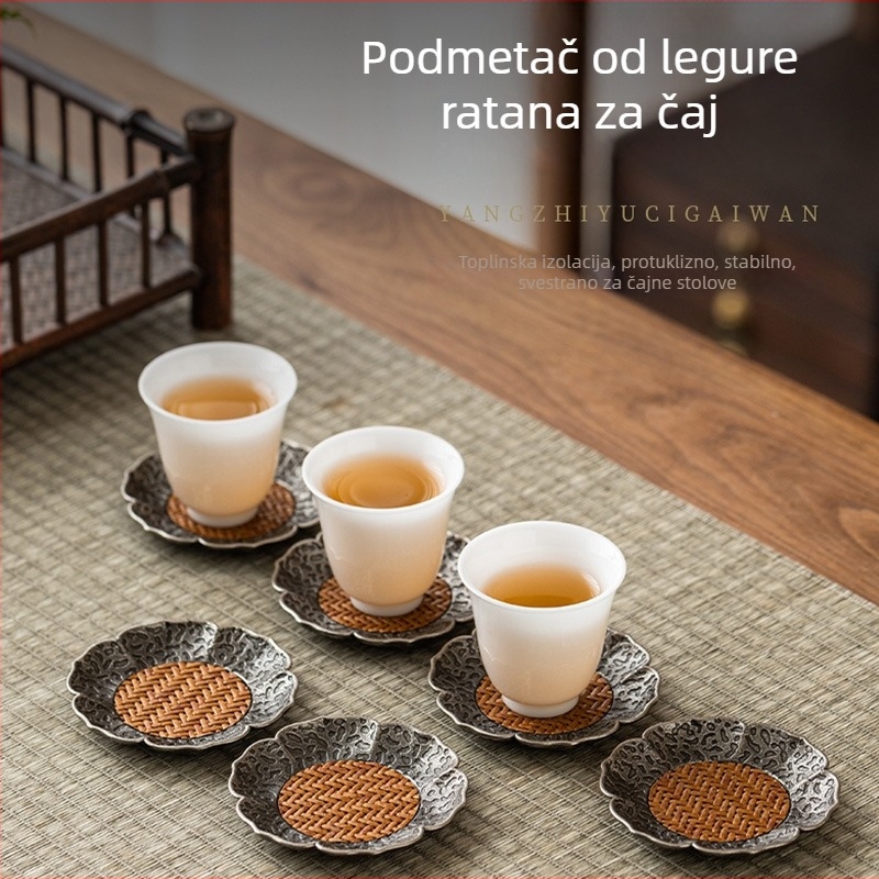 Podmetač za čaj od legure s teksturom ratana, toplinska izolacija, protuklizna površina, za čajnu ceremoniju, kineskog stila, dimenzije 7,7 × 0,8 cm