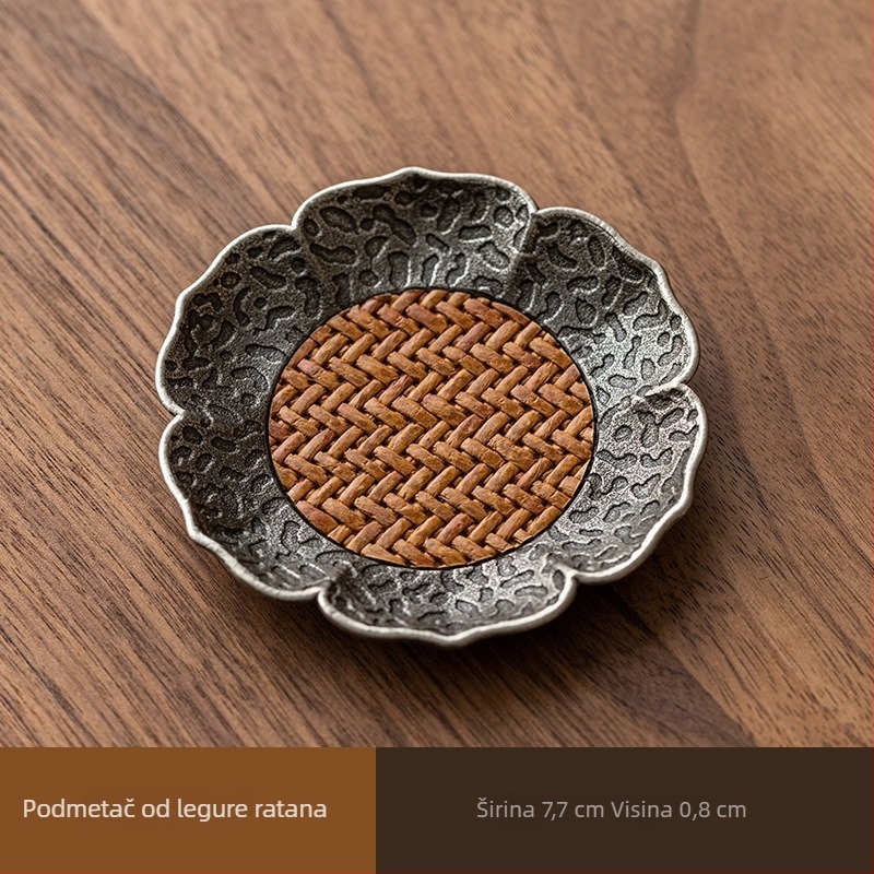 Podmetač za čaj od legure s teksturom ratana, toplinska izolacija, protuklizna površina, za čajnu ceremoniju, kineskog stila, dimenzije 7,7 × 0,8 cm