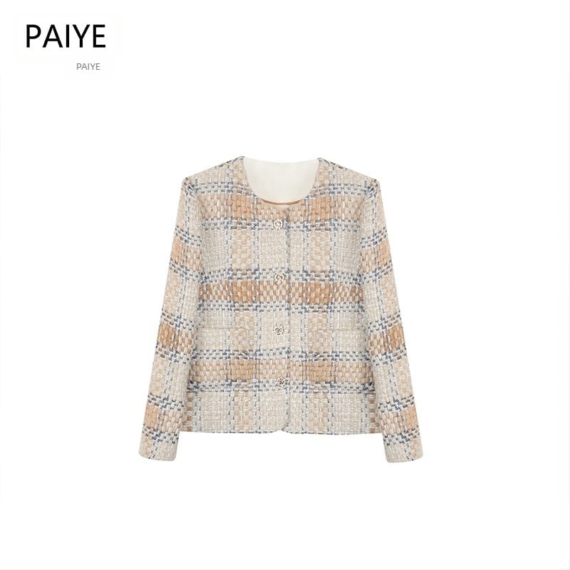 Ženska kratka jakna u toplim nijansama, Chanel stil, karirani tweed, okrugli ovratnik, jesen 2025, A71660