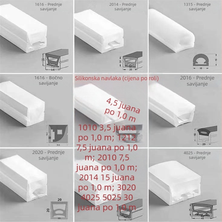 LED silikon-kanal fleksibilan sa zakrivljenim aluminijskim žljebom i ugrađenom mekom svjetlosnom trakom