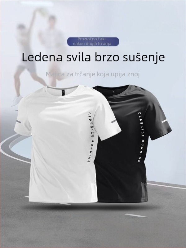 Muška brzosušeća sportska majica od poliestera s ice-silk materijalom, kratkih rukava, za trčanje, slim fit, prozračna