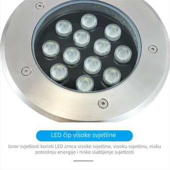 Okruglo LED podzemno svjetlo, kućište od lijevanog aluminija, poklopac od nehrđajućeg čelika, kaljeno staklo, vanjska vodootpornost
