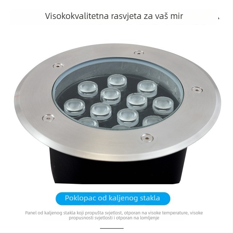 Okruglo LED podzemno svjetlo, kućište od lijevanog aluminija, poklopac od nehrđajućeg čelika, kaljeno staklo, vanjska vodootpornost