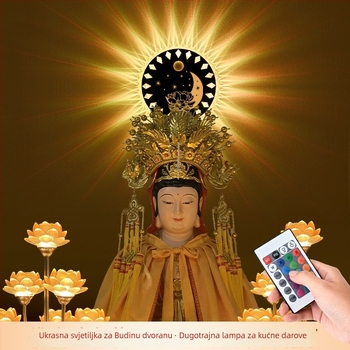 Cirkularna hram Buddha sa pozadinom sreće, kip Bodhisattve na oltaru, dekorativna LED svjetiljka s USB napajanjem i senzorom pokreta