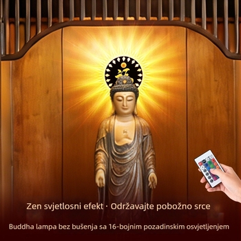 Cirkularna hram Buddha sa pozadinom sreće, kip Bodhisattve na oltaru, dekorativna LED svjetiljka s USB napajanjem i senzorom pokreta
