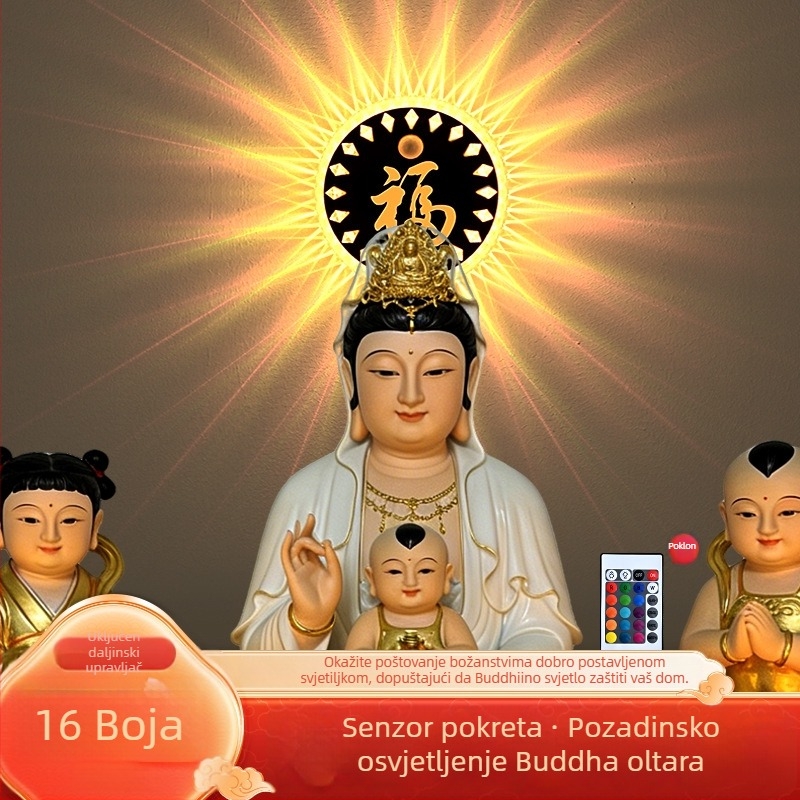 Cirkularna hram Buddha sa pozadinom sreće, kip Bodhisattve na oltaru, dekorativna LED svjetiljka s USB napajanjem i senzorom pokreta