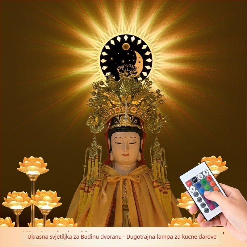 Cirkularna hram Buddha sa pozadinom sreće, kip Bodhisattve na oltaru, dekorativna LED svjetiljka s USB napajanjem i senzorom pokreta