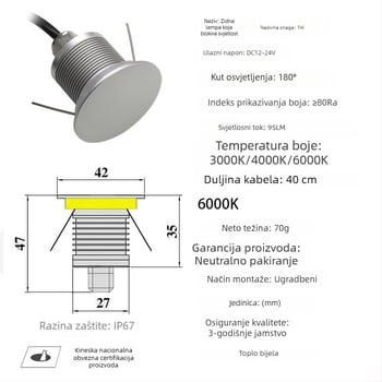 1W ugrađena kružna zidna svjetiljka za korake i kutove, LED noćna svjetiljka za vanjsku upotrebu