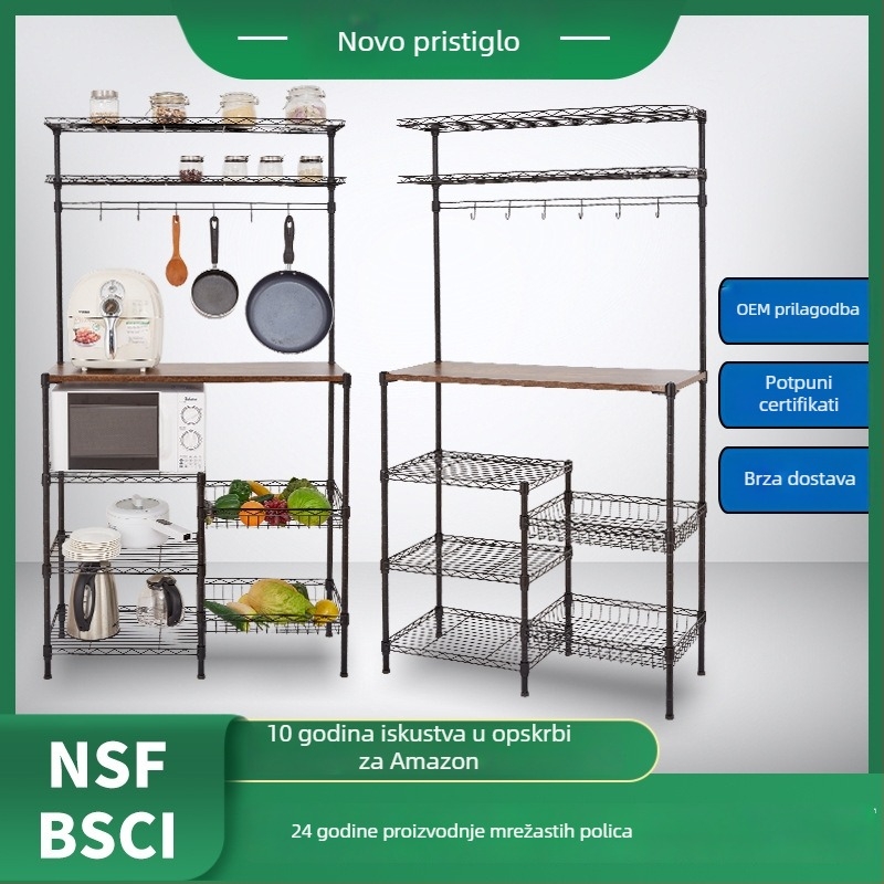 Troslojni crni praškasti metalni regal s mrežom za kuhinju, podni stalak za mikrovalnu pećnicu
