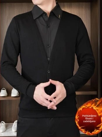 Muško polo za jesen/zimu 2025, pamukom‑mješavina, jednobojna, casual europski stil, dojam dvodijelnog izgleda