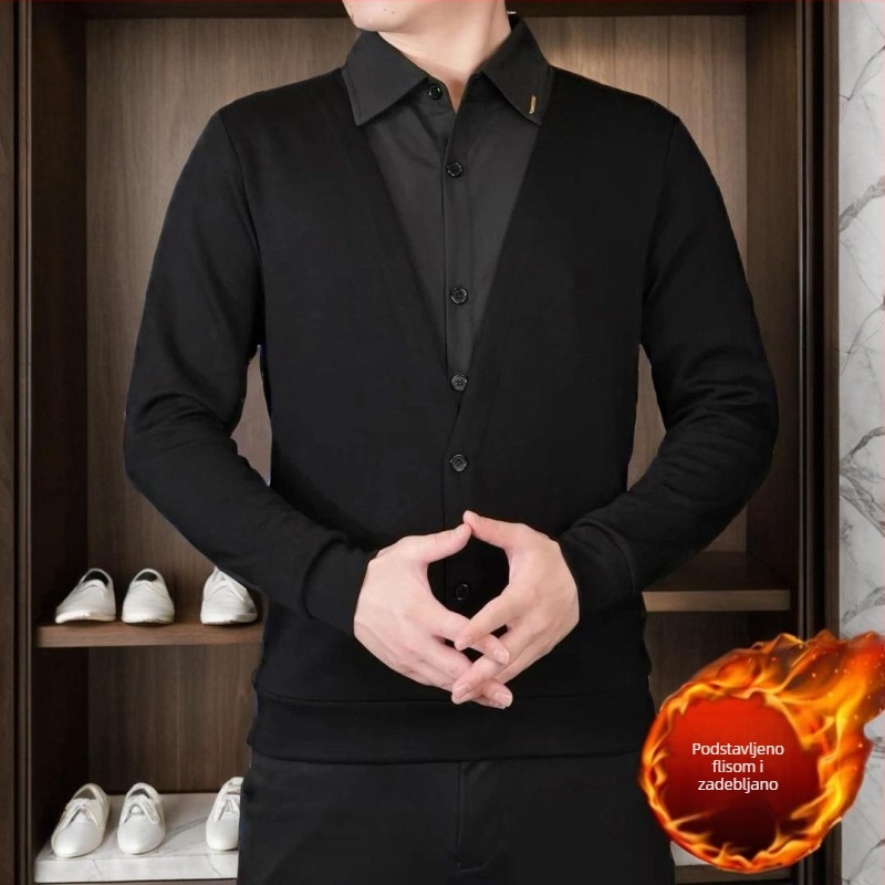 Muško polo za jesen/zimu 2025, pamukom‑mješavina, jednobojna, casual europski stil, dojam dvodijelnog izgleda