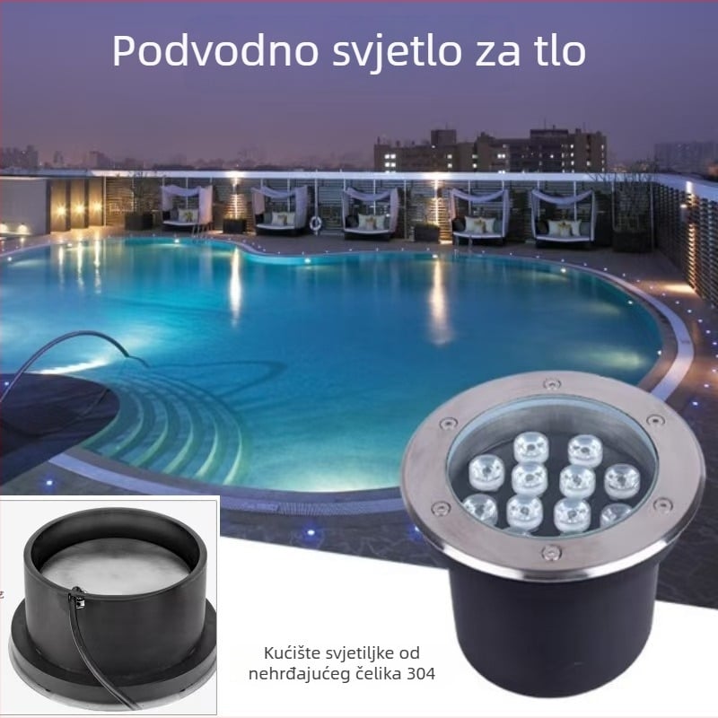 Ugradna podvodna LED svjetiljka za ribnjake i akvarije, nehrđajući čelik, IP68, 12–24V, 18 LED, 3000K topla bijela, 30° kut zračenja