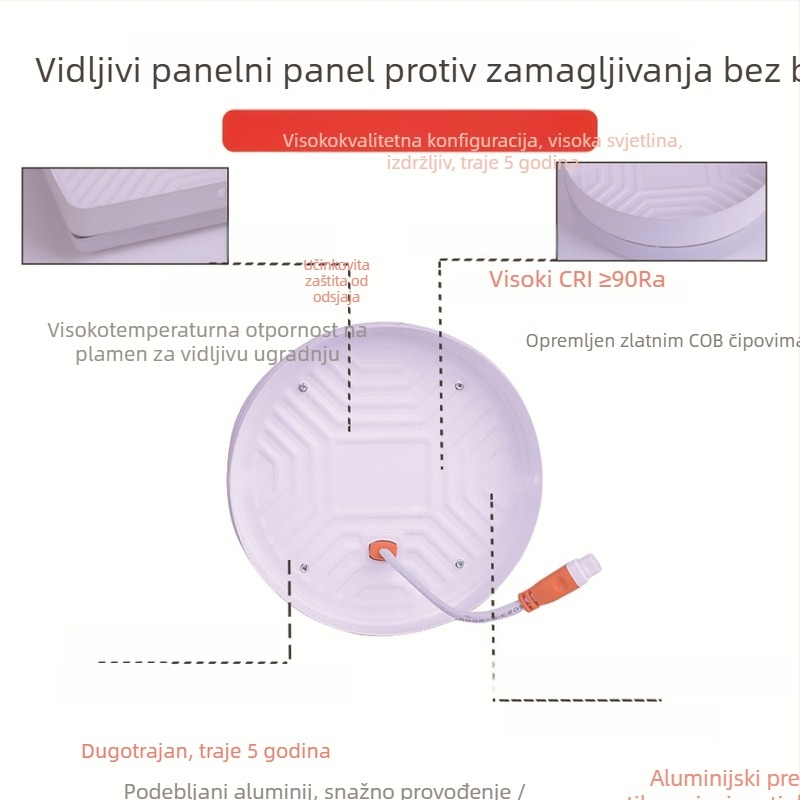 LED panel bez okvira, površinski montirani downlight za strop — kružni ili kvadratni