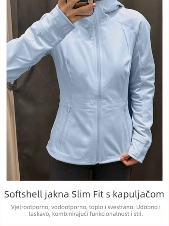 Ženska softshell jakna uskog kroja s fleksi podstavom, boja mliječnoplava, kapuljača, zatvarač, srednja debljina, srednja duljina, jesen-zima 2025 kolekcija, japanski-korejski gradski stil