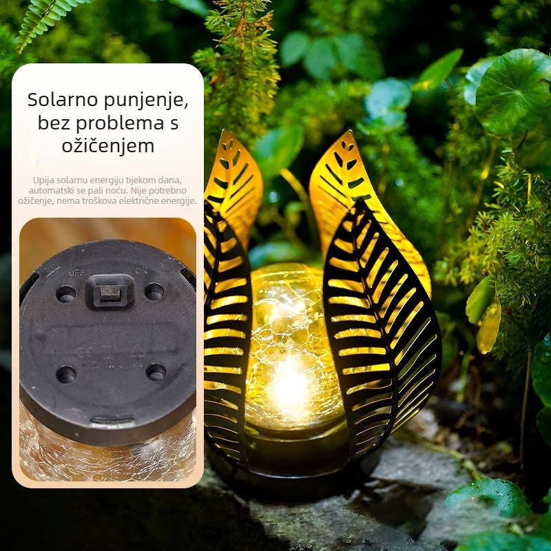 Solarna lampa s listom palme od kovanog željeza – vanjska vodootporna LED rasvjeta za vrt, retro prozračni dizajn