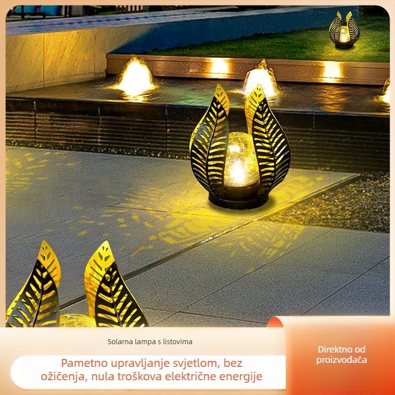 Solarna lampa s listom palme od kovanog željeza – vanjska vodootporna LED rasvjeta za vrt, retro prozračni dizajn