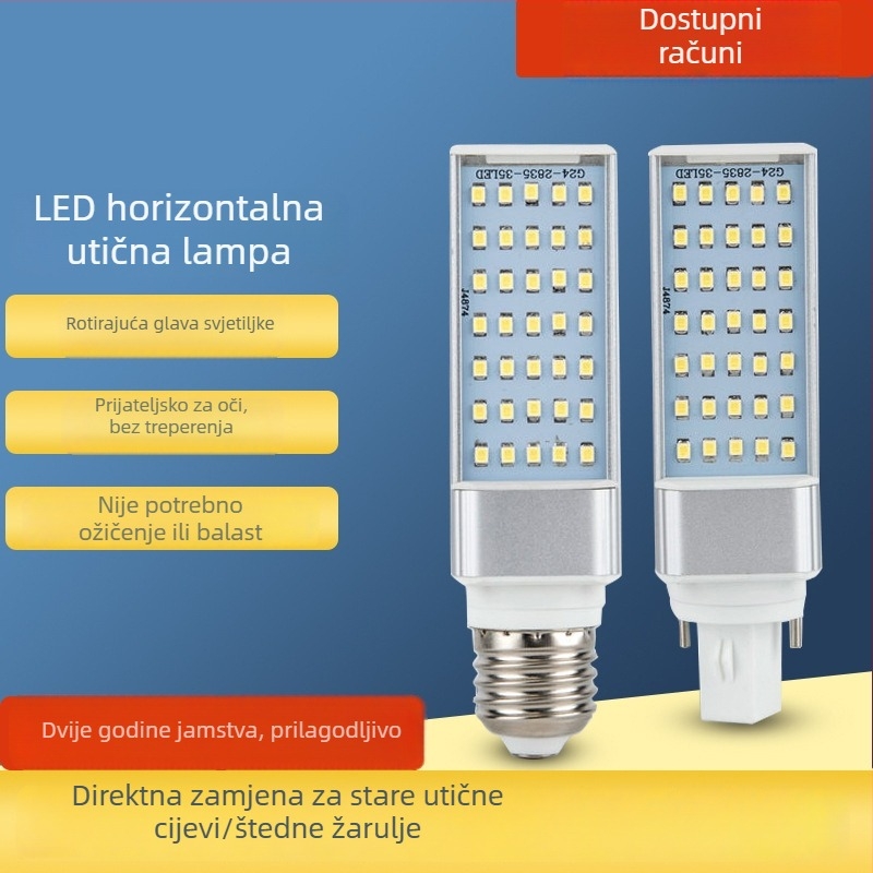 LED horizontalna lampica s G24 utičnicom, cijelo aluminijsko kućište, 110–240V, jednostrana LED kukuruzna žarulja