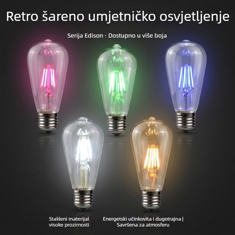 LED filament ST64 šarolna retro Edison žarulja s imitacijom wolfram vlakna, 220V, E27, boje: crvena, plava, zelena, ružičasta