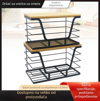 Zidni organizator od željeza i drveta za kuhinjske vrećice za otpad i sitnice
