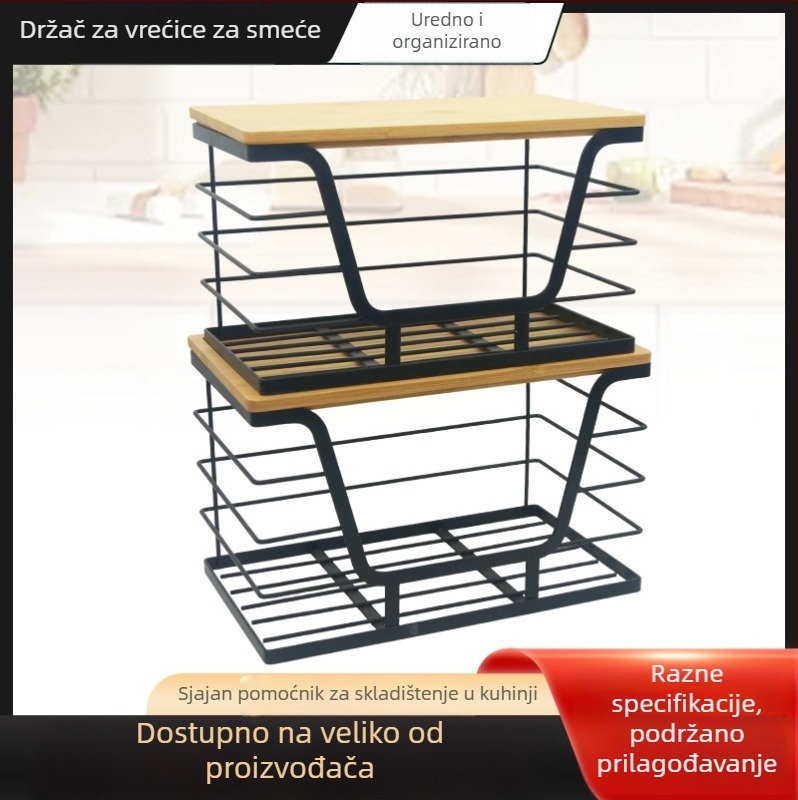 Zidni organizator od željeza i drveta za kuhinjske vrećice za otpad i sitnice