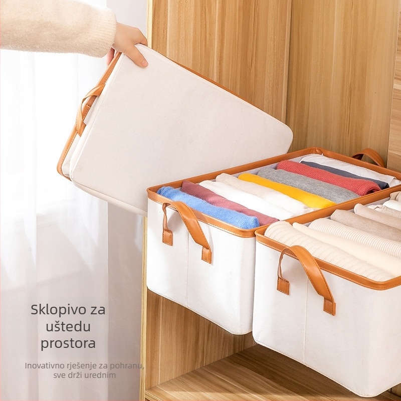 Kutija za odjeću sa ladicom i metalnim okvirom, tkanina pamuk-lan s PU rubom; sklopiva, bez poklopca, pogodna za odlaganje; kapacitet 27 L, dimenzije 48×28×20 cm.