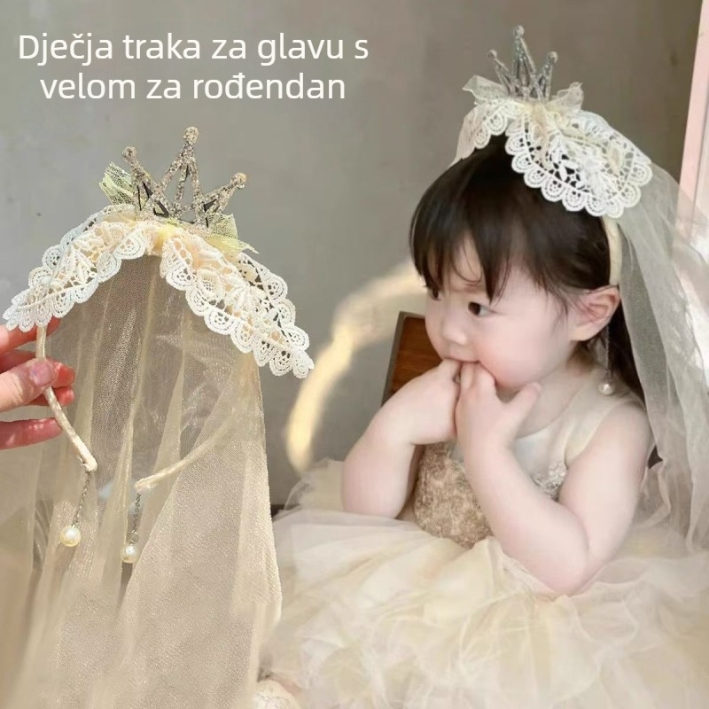 Prvi rođendan djevojčice: veo za kosu, slatka princeza tiara, Lolita krona, čipkasta mašna, gumica za kosu