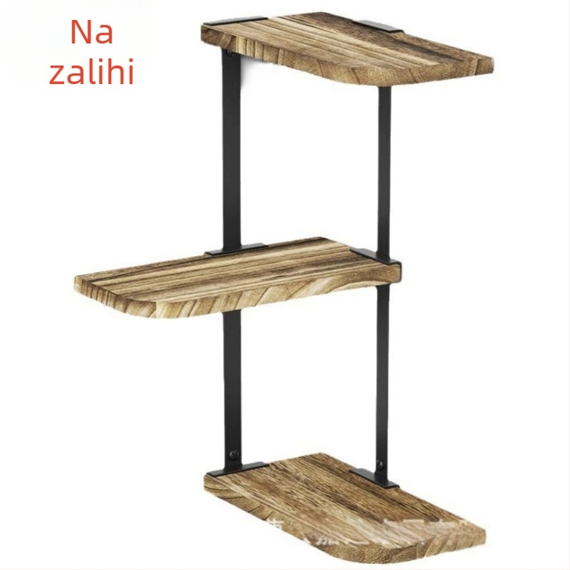 Ugaoni zidni ormarić za skladištenje, kombinacija željeza i drveta, tri razine, za dnevni boravak i kupaonicu