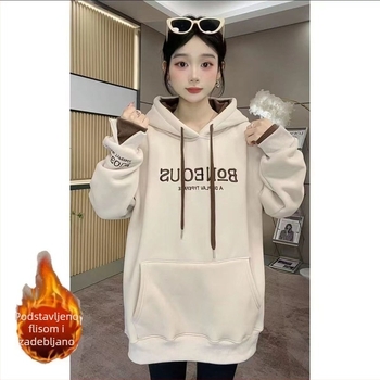 Ženski hoodie od arktičkog pliša, debeli, s izšivenim motivom, izgled dvodijelnog kompleta, jesen-zima 2024