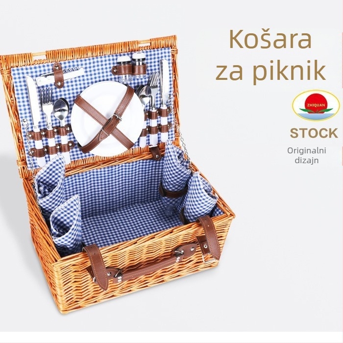Ratan koš za piknik s ručnim držalom, za vanjsku upotrebu, s posuđem i poklopcem, pleteni spremnik za skladištenje