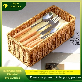 Kuhinjski spremnik za pohranu, ručno pleteni koš u stilu ratana, PP/PE materijal, za štapiće za jelo, žlice i bočice začina.