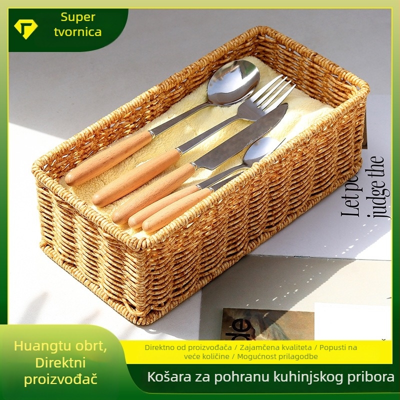 Kuhinjski spremnik za pohranu, ručno pleteni koš u stilu ratana, PP/PE materijal, za štapiće za jelo, žlice i bočice začina.