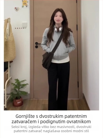 Siva ženska dukserica jakna za jesen/zimu, kratka duljina, s normalnim ramenima, za sitnu figuru, opuštenog kroja, bez kapuljače
