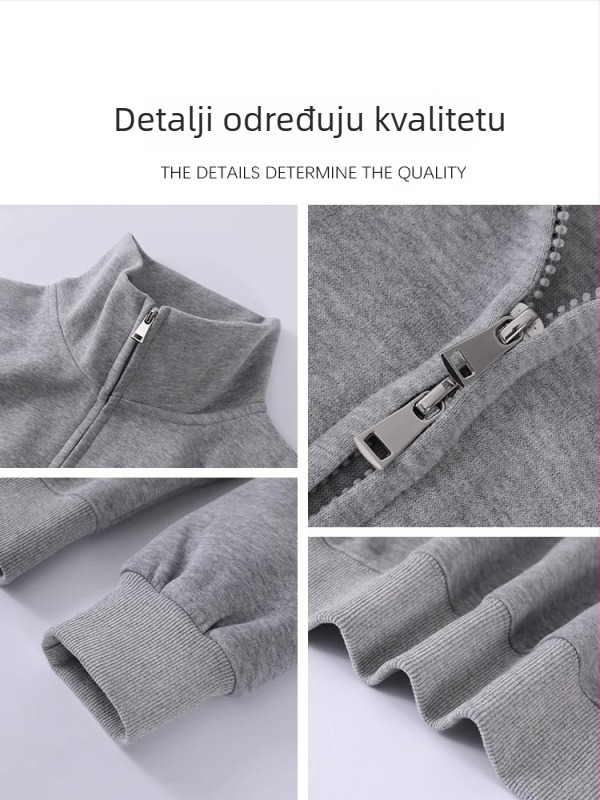 Siva ženska dukserica jakna za jesen/zimu, kratka duljina, s normalnim ramenima, za sitnu figuru, opuštenog kroja, bez kapuljače