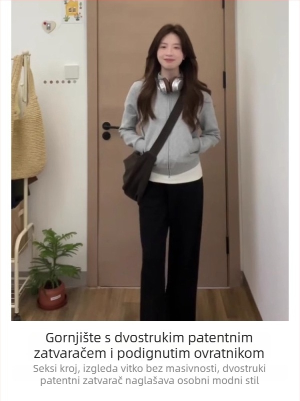Siva ženska dukserica jakna za jesen/zimu, kratka duljina, s normalnim ramenima, za sitnu figuru, opuštenog kroja, bez kapuljače