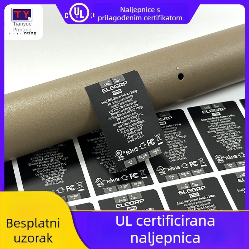 LED etiketa za rasvjetu, UL, FCC i RoHS certifikati, crna pozadina s bijelim tekstom, bijeli PET, otporan na visoke temperature i vodootporan