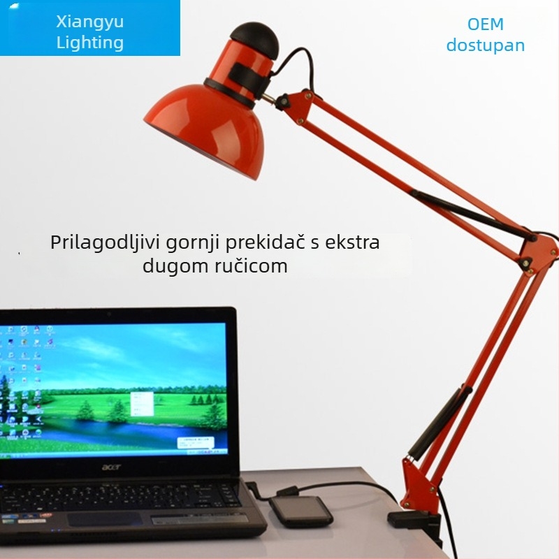 Stolna lampa s dugim ramom i gornjim prekidačem, za učenje i noćni stol, LED zaštita očiju, kovano željezo