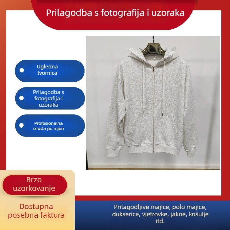 Ženski zip hoodie s kapuljom na zip, 360 g pamuka, debela tkanina, s čipkastom kapuljom
