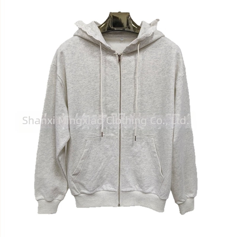 Ženski zip hoodie s kapuljom na zip, 360 g pamuka, debela tkanina, s čipkastom kapuljom