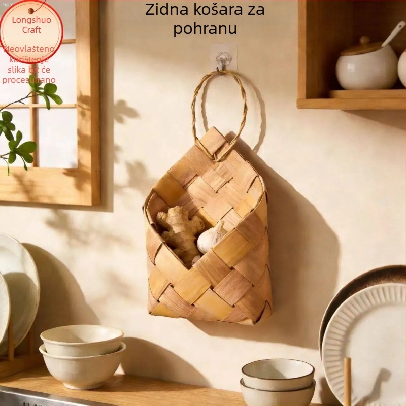 Zidna kuhinjska košara za skladištenje luka, đumbira i češnjaka, ručno pletena od kedra, s ljepilnim kukicama
